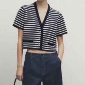 Massimo Dutti Striped Navy and White Short Sleeve Cardigan, Size Small
